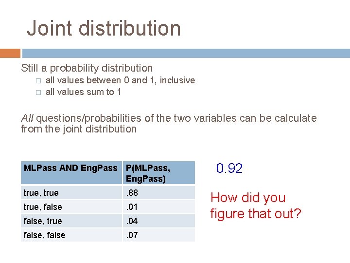 Joint distribution Still a probability distribution � � all values between 0 and 1,