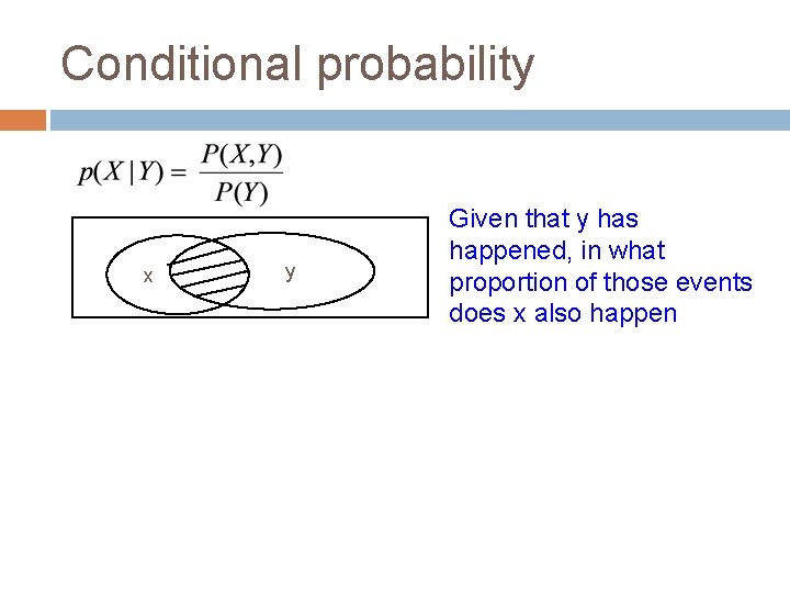 Conditional probability x y Given that y has happened, in what proportion of those