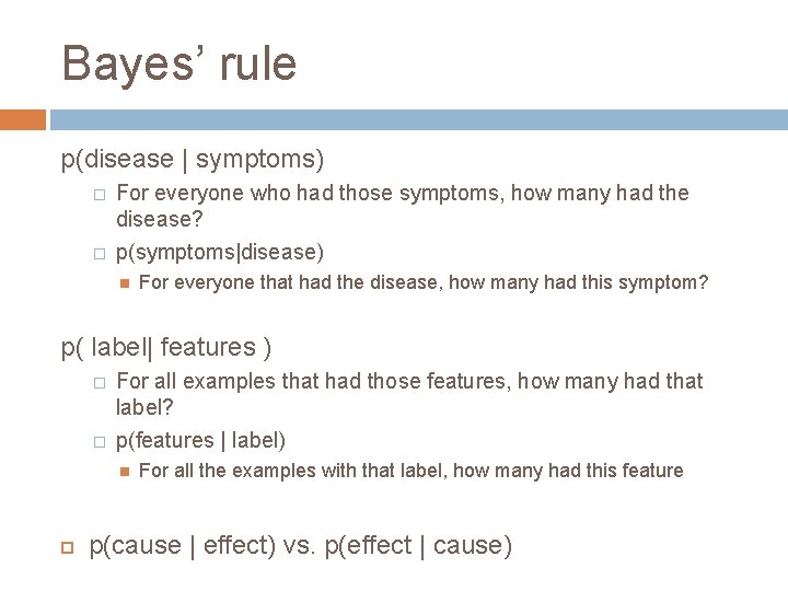 Bayes’ rule p(disease | symptoms) � � For everyone who had those symptoms, how