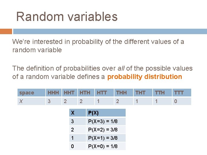 Random variables We’re interested in probability of the different values of a random variable