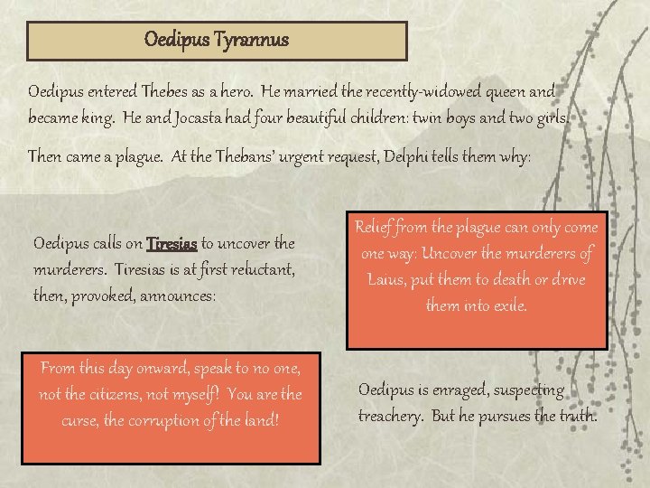 Oedipus Tyrannus Oedipus entered Thebes as a hero. He married the recently-widowed queen and