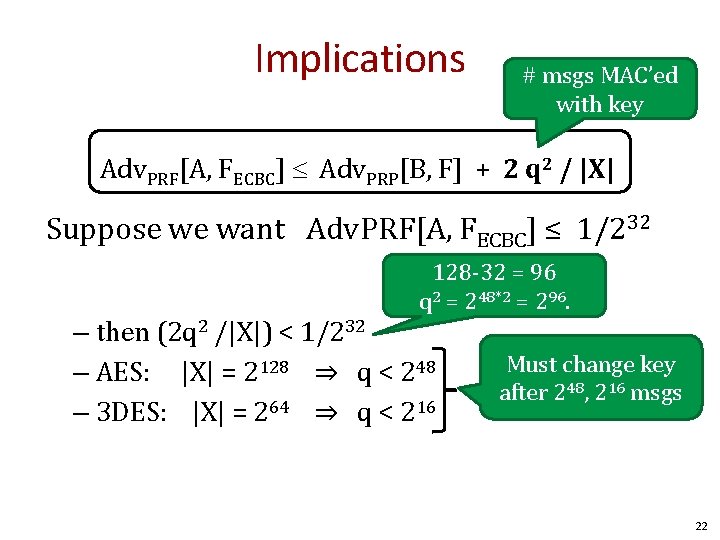 Implications # msgs MAC’ed with key Adv. PRF[A, FECBC] Adv. PRP[B, F] + 2