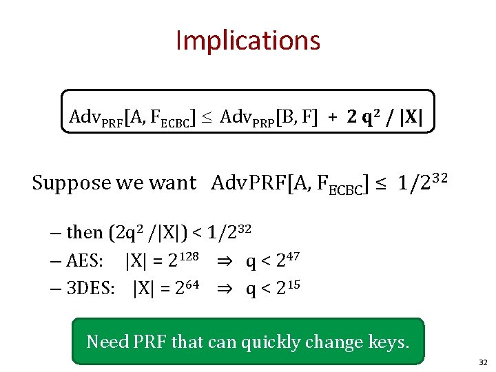 Implications Adv. PRF[A, FECBC] Adv. PRP[B, F] + 2 q 2 / |X| Suppose