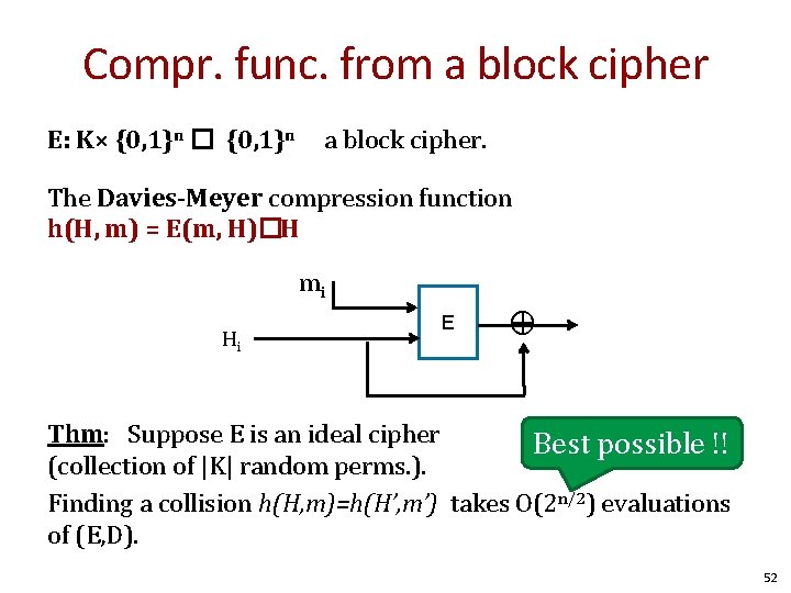 Compr. func. from a block cipher E: K× {0, 1}n � {0, 1}n a