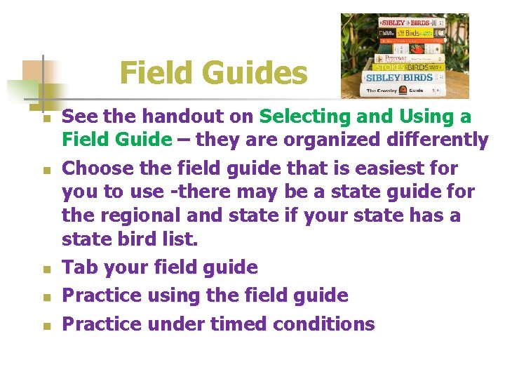 Field Guides n n n See the handout on Selecting and Using a Field