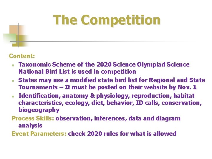 The Competition Content: n Taxonomic Scheme of the 2020 Science Olympiad Science National Bird