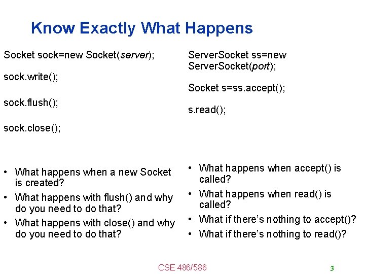 Know Exactly What Happens Socket sock=new Socket(server); Server. Socket ss=new Server. Socket(port); sock. write();