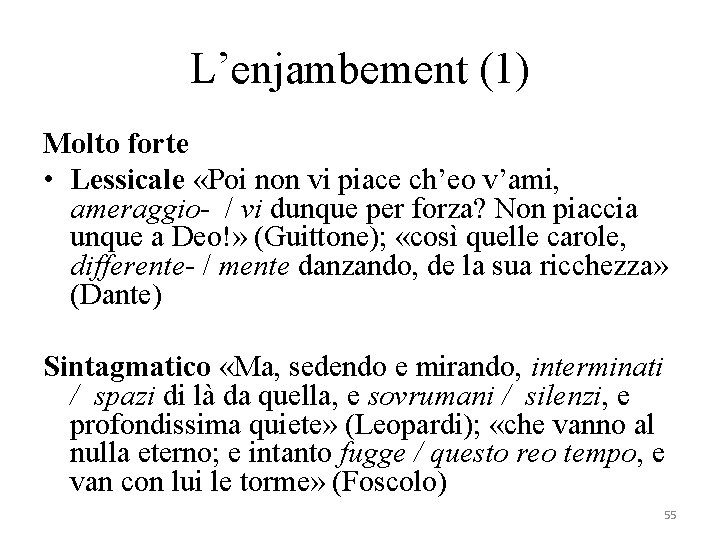 L’enjambement (1) Molto forte • Lessicale «Poi non vi piace ch’eo v’ami, ameraggio- /