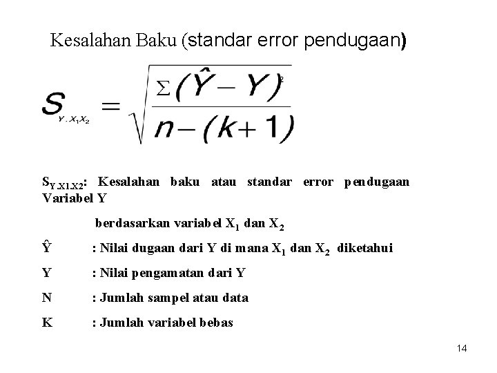 Kesalahan Baku (standar error pendugaan) SY. X 1. X 2: Kesalahan baku atau standar Kesalahan Baku (standar error pendugaan) SY. X 1. X 2: Kesalahan baku atau standar
