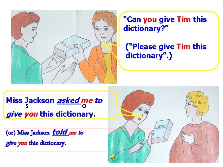 “Can you give Tim this dictionary? ” (“Please give Tim this dictionary”. ) Miss