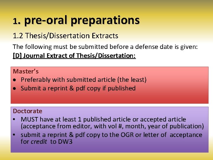 1. pre-oral preparations 1. 2 Thesis/Dissertation Extracts The following must be submitted before a