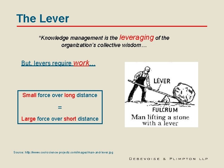 The Lever “Knowledge management is the leveraging of the organization’s collective wisdom… But, levers