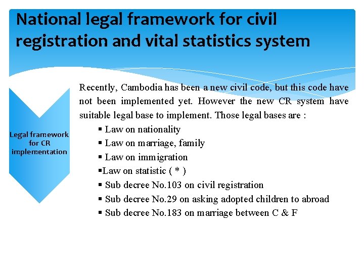 National legal framework for civil registration and vital statistics system Legal framework for CR
