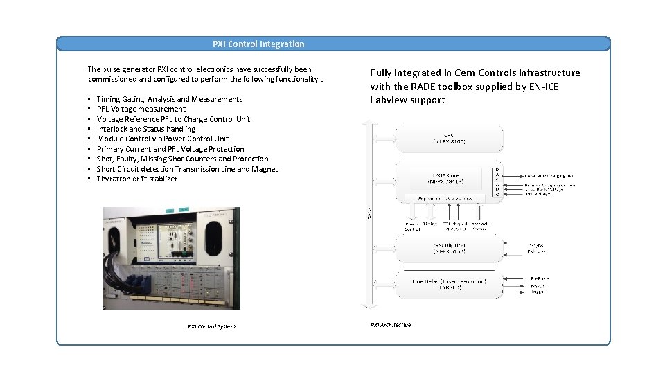 PXI Control Integration The pulse generator PXI control electronics have successfully been commissioned and