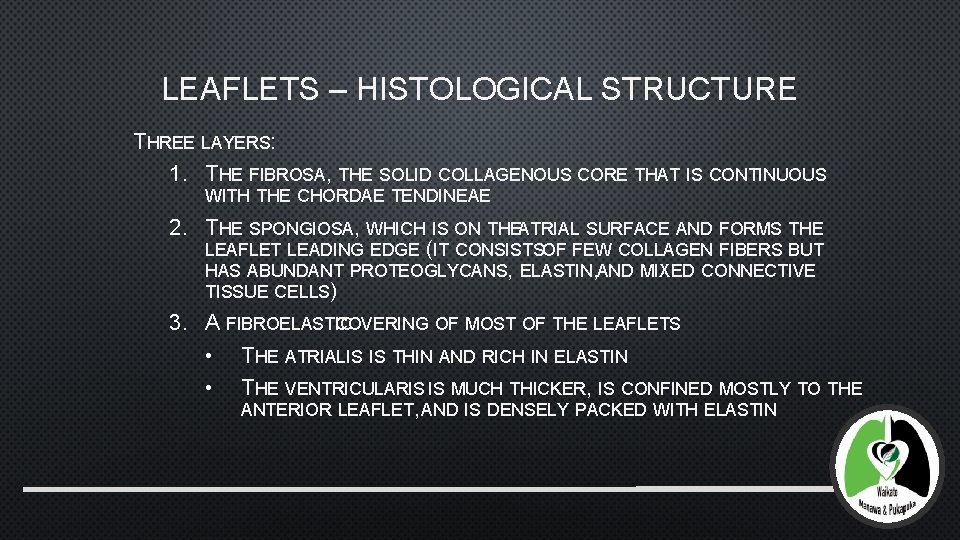 LEAFLETS – HISTOLOGICAL STRUCTURE THREE LAYERS: 1. THE FIBROSA, THE SOLID COLLAGENOUS CORE THAT