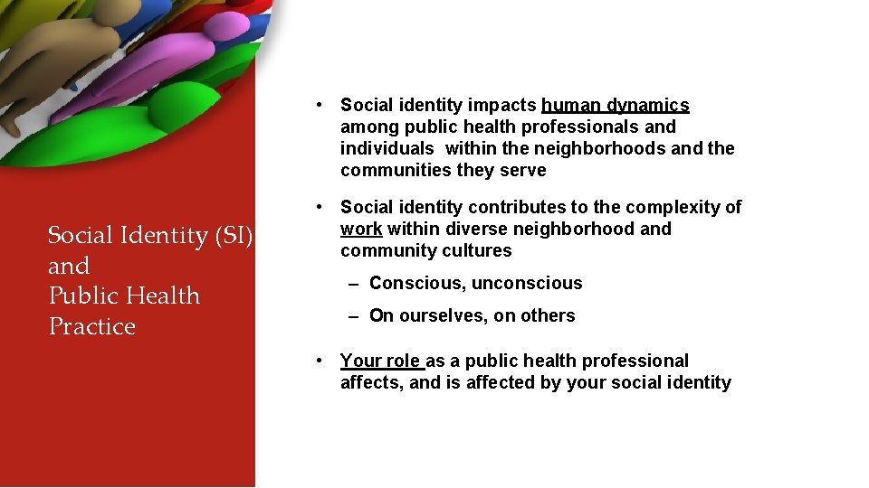  • Social identity impacts human dynamics among public health professionals and individuals within