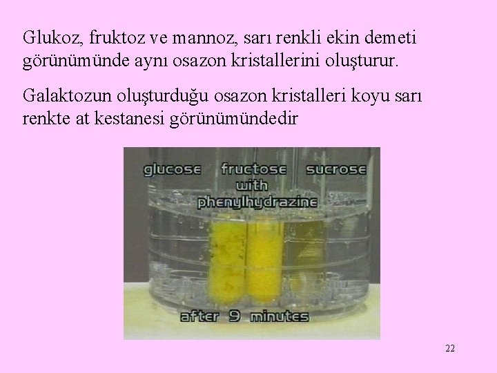 Glukoz, fruktoz ve mannoz, sarı renkli ekin demeti görünümünde aynı osazon kristallerini oluşturur. Galaktozun