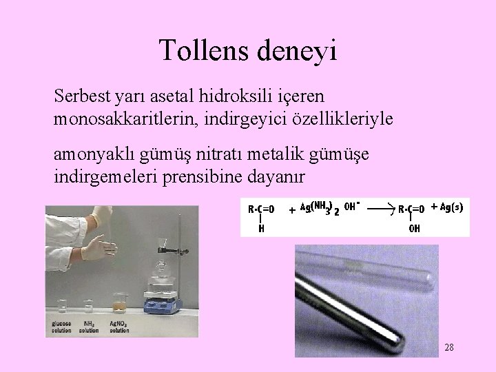 Tollens deneyi Serbest yarı asetal hidroksili içeren monosakkaritlerin, indirgeyici özellikleriyle amonyaklı gümüş nitratı metalik