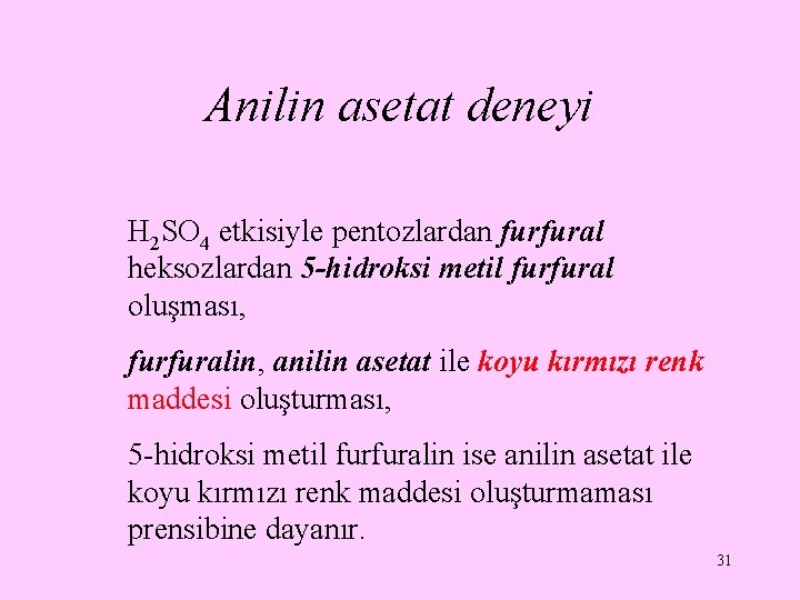 Anilin asetat deneyi H 2 SO 4 etkisiyle pentozlardan furfural heksozlardan 5 -hidroksi metil