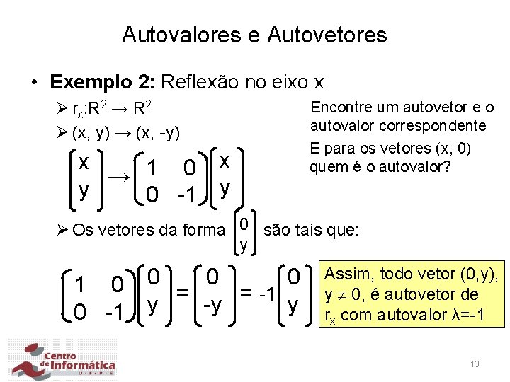 Autovalores e Autovetores • Exemplo 2: Reflexão no eixo x Ø rx: R 2