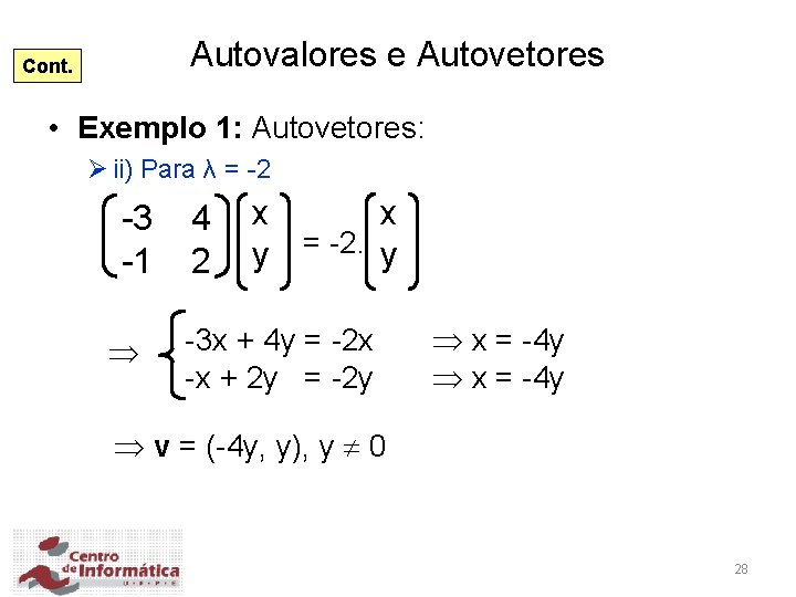 Autovalores e Autovetores Cont. • Exemplo 1: Autovetores: Ø ii) Para λ = -2