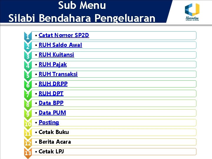 Sub Menu Silabi Bendahara Pengeluaran 1 • Catat Nomor SP 2 D 2 •