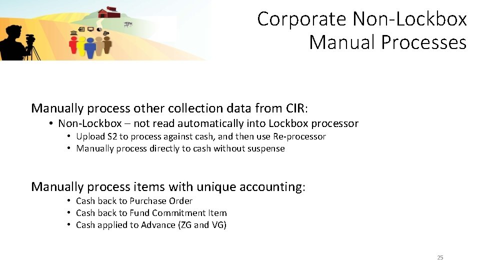 Corporate Non-Lockbox Manual Processes Manually process other collection data from CIR: • Non-Lockbox –