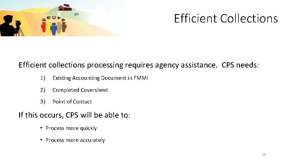 Efficient Collections Efficient collections processing requires agency assistance. CPS needs: 1) Existing Accounting Document