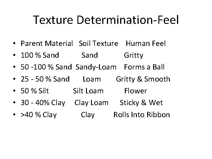 Texture Determination-Feel • • Parent Material Soil Texture Human Feel 100 % Sand Gritty