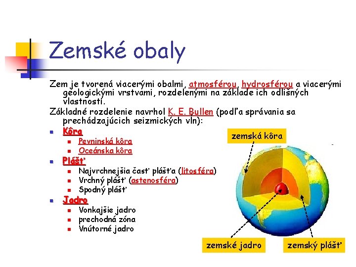 Zemské obaly Zem je tvorená viacerými obalmi, atmosférou, hydrosférou a viacerými geologickými vrstvami, rozdelenými