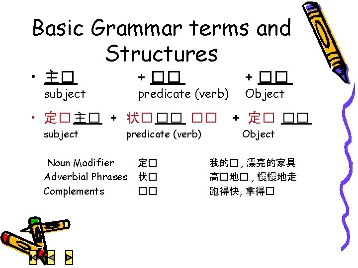 Basic Grammar terms and Structures • 主� + �� subject predicate (verb) • 定�
