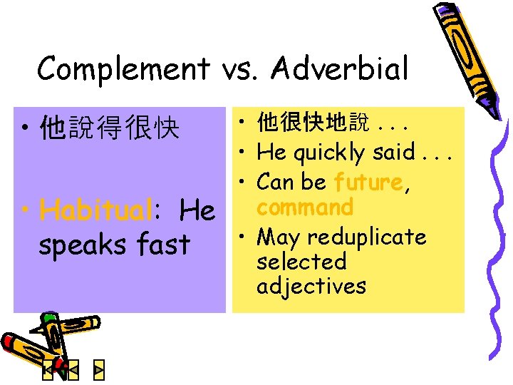 Complement vs. Adverbial • 他說得很快 • Habitual: He speaks fast • 他很快地說. . .