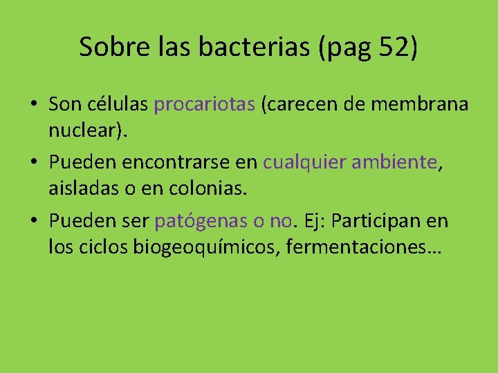 Sobre las bacterias (pag 52) • Son células procariotas (carecen de membrana nuclear). •