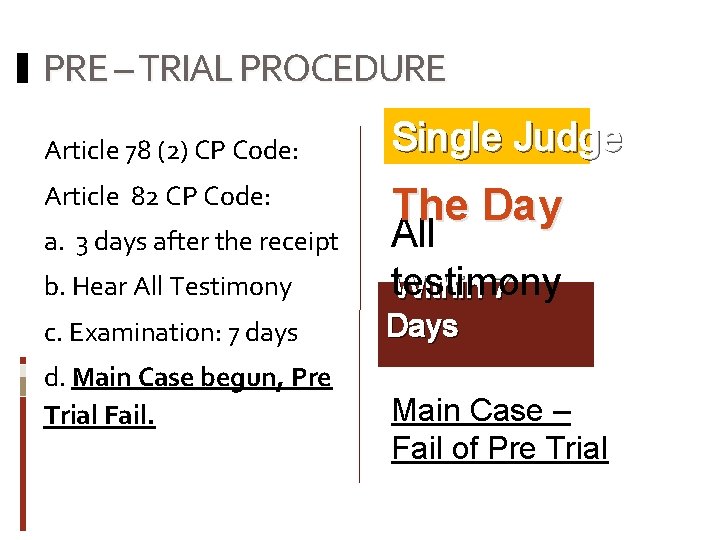 PRE – TRIAL PROCEDURE Article 78 (2) CP Code: Single Judge Article 82 CP