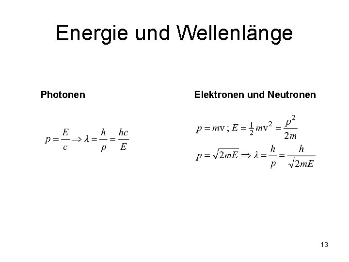 Energie und Wellenlänge Photonen Elektronen und Neutronen 13 Energie und Wellenlänge Photonen Elektronen und Neutronen 13