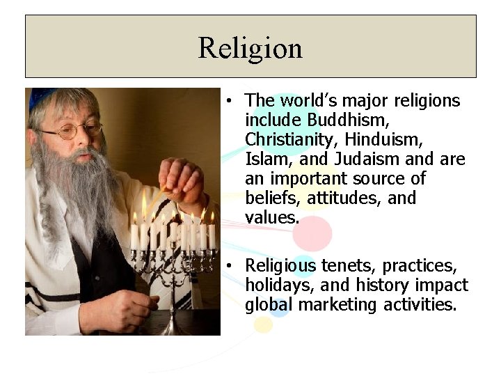 Religion • The world’s major religions include Buddhism, Christianity, Hinduism, Islam, and Judaism and