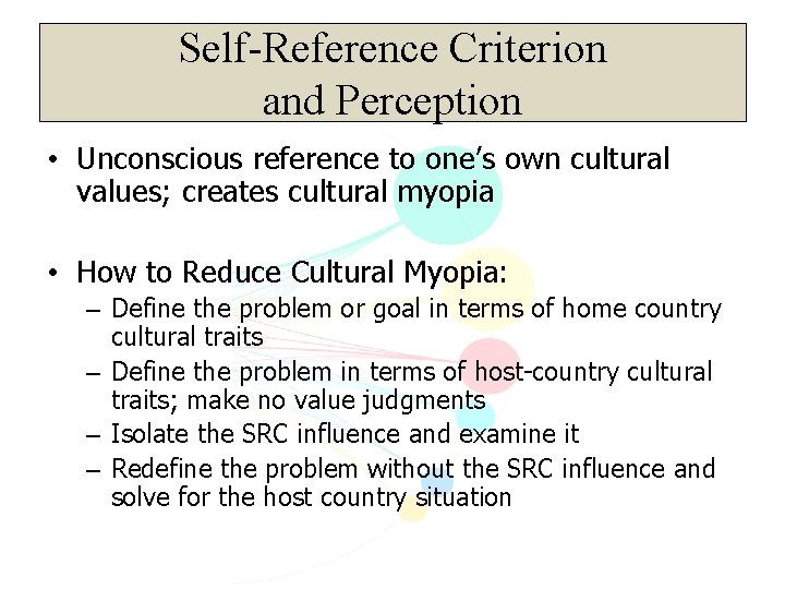 Self-Reference Criterion and Perception • Unconscious reference to one’s own cultural values; creates cultural