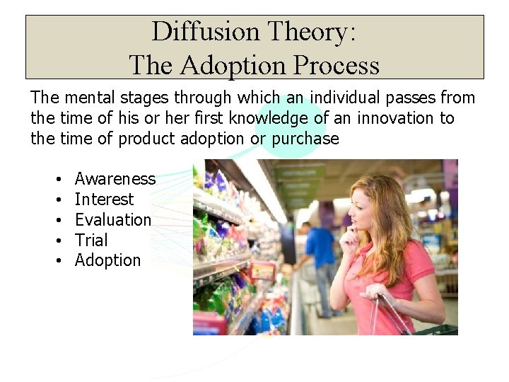 Diffusion Theory: The Adoption Process The mental stages through which an individual passes from