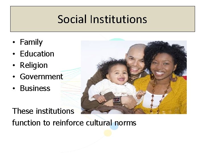 Social Institutions • • • Family Education Religion Government Business These institutions function to