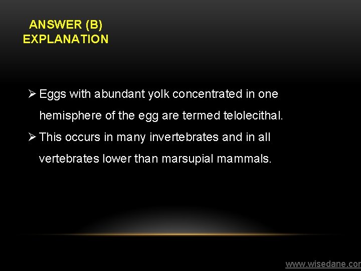 ANSWER (B) EXPLANATION Ø Eggs with abundant yolk concentrated in one hemisphere of the