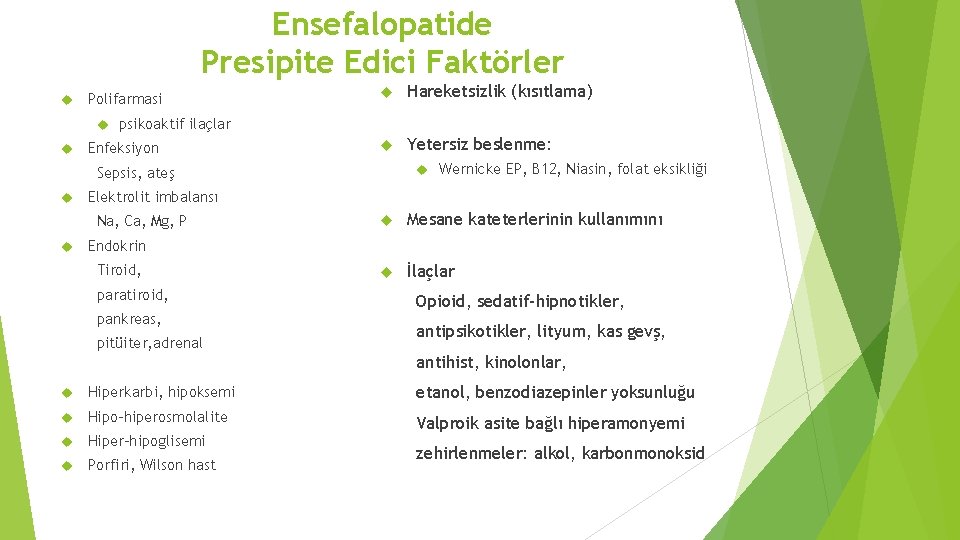 Ensefalopatide Presipite Edici Faktörler Polifarmasi Hareketsizlik (kısıtlama) Yetersiz beslenme: psikoaktif ilaçlar Enfeksiyon Sepsis, ateş