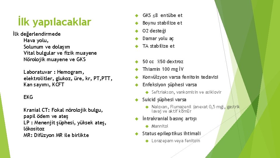 İlk yapılacaklar İlk değerlendirmede Hava yolu, Solunum ve dolaşım Vital bulgular ve fizik muayene