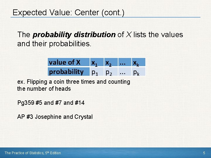 Expected Value: Center (cont. ) The probability distribution of X lists the values and