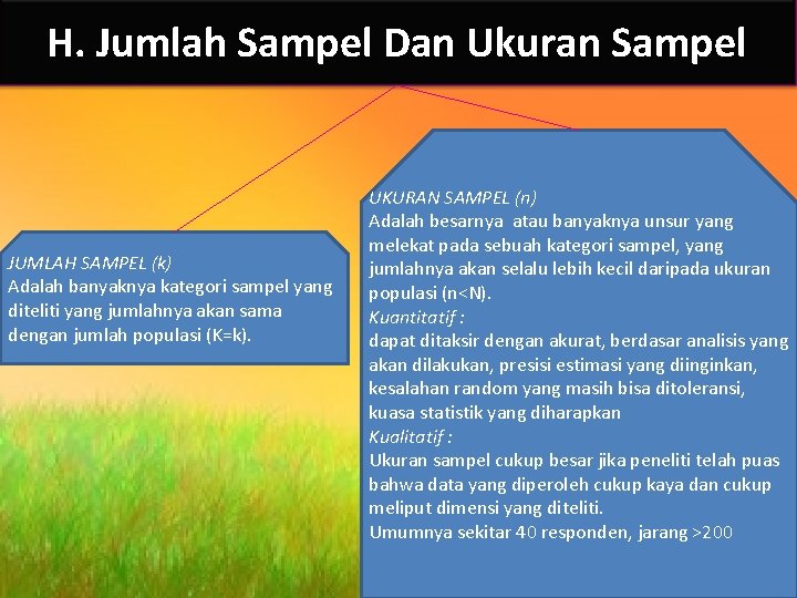 H. Jumlah Sampel Dan Ukuran Sampel JUMLAH SAMPEL (k) Adalah banyaknya kategori sampel yang