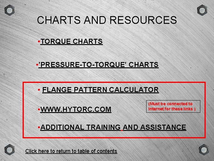 GROUP SCENE VERSION TYPE CHARTS AND RESOURCES • TORQUE CHARTS • ’PRESSURE-TO-TORQUE’ CHARTS •