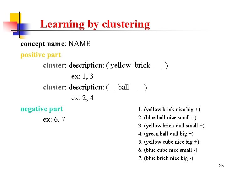 Learning by clustering concept name: NAME positive part cluster: description: ( yellow brick _