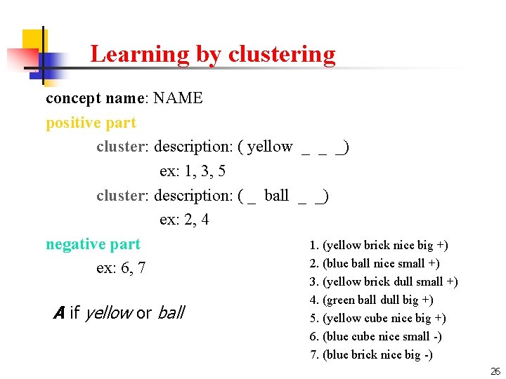 Learning by clustering concept name: NAME positive part cluster: description: ( yellow _ _