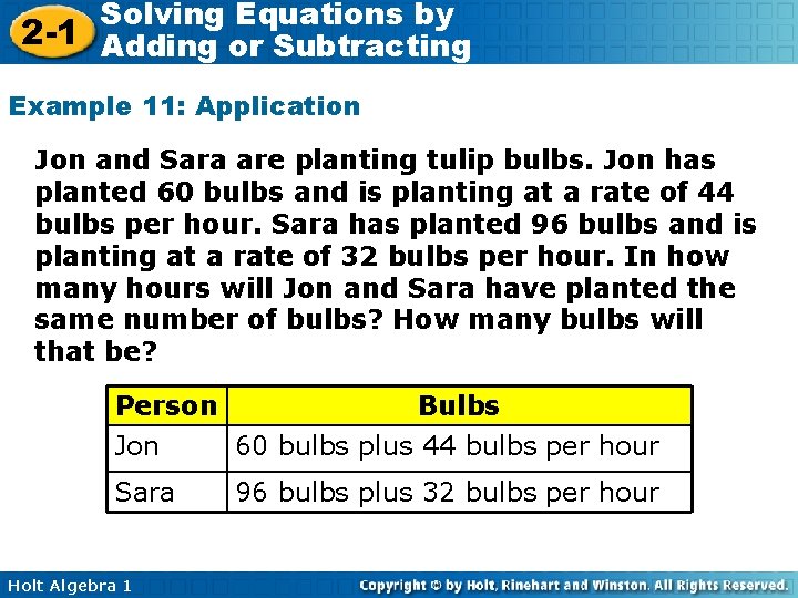Solving Equations by 2 -1 Adding or Subtracting Example 11: Application Jon and Sara