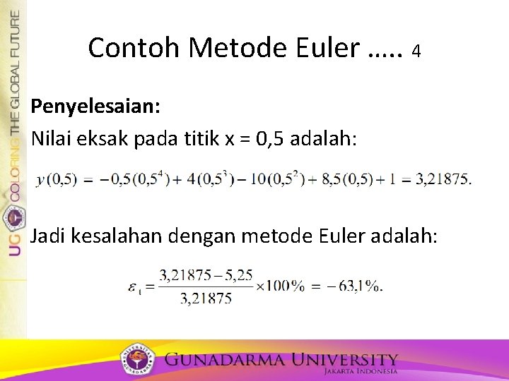 Contoh Metode Euler …. . 4 Penyelesaian: Nilai eksak pada titik x = 0,