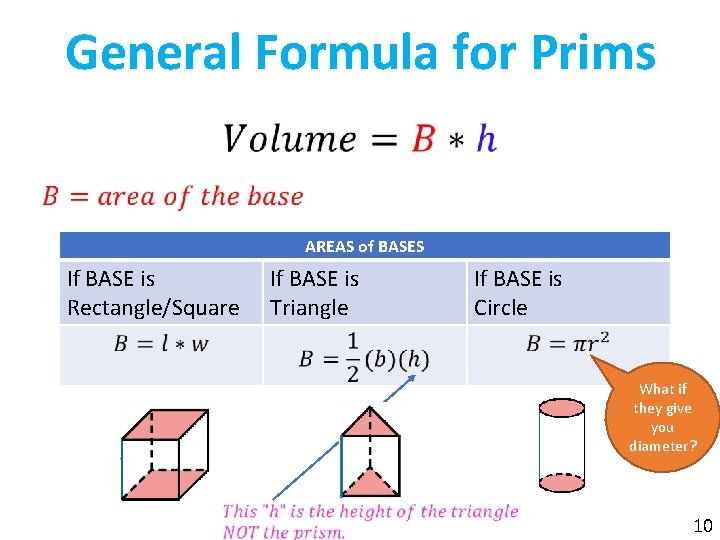 General Formula for Prims • AREAS of BASES If BASE is Rectangle/Square If BASE
